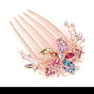 Rhinestone Encrusted Hairpin Barrette Accessory. Multi-color, rose gold base.